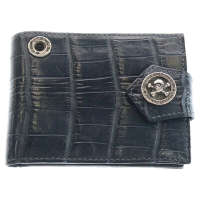 スカルコンチョボタン アリゲーター ウォレット 2つ折り財布 ネイビー Bランク