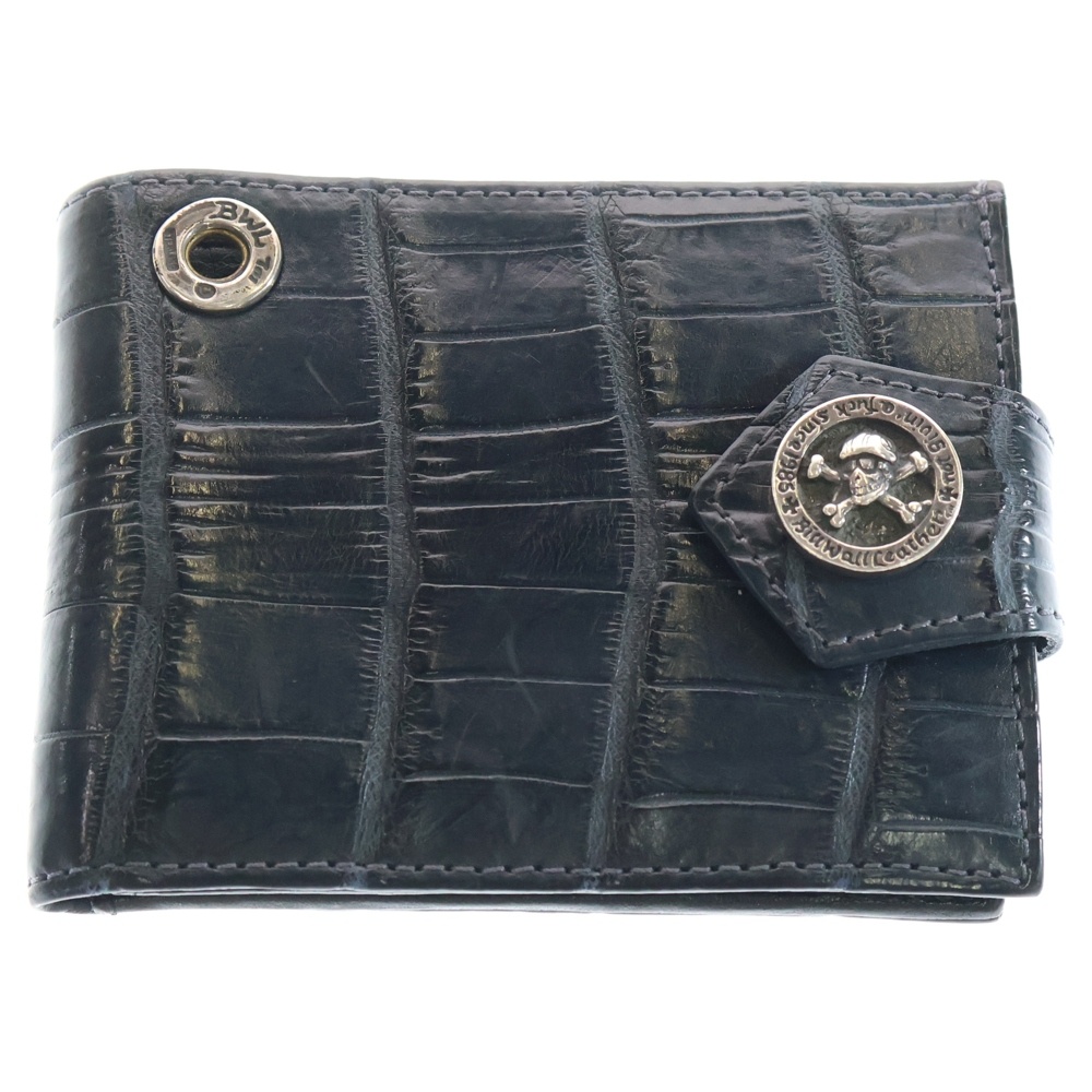 スカルコンチョボタン アリゲーター ウォレット 2つ折り財布 ネイビー Bランク