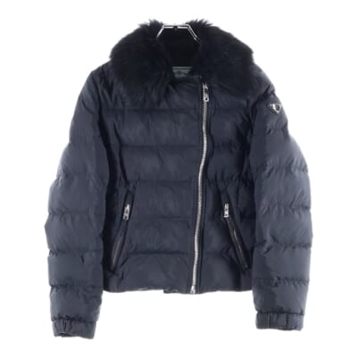 21AW トライアングルロゴプレート デタッチャブル ファー カラー ナイロン ジップアップ ダブル ライダース ダウンジャケット ブラック レディース 29Y510 Bランク