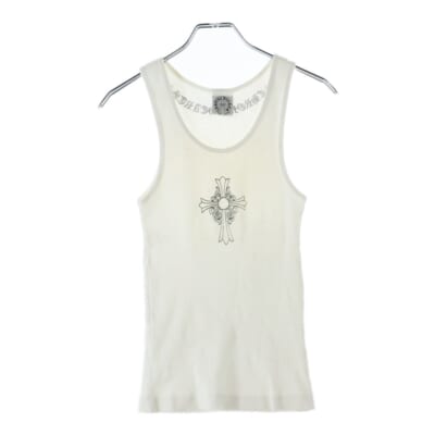 CHクロス プリント リブ ノースリーブ タンクトップ カットソー ホワイト レディース Bランク