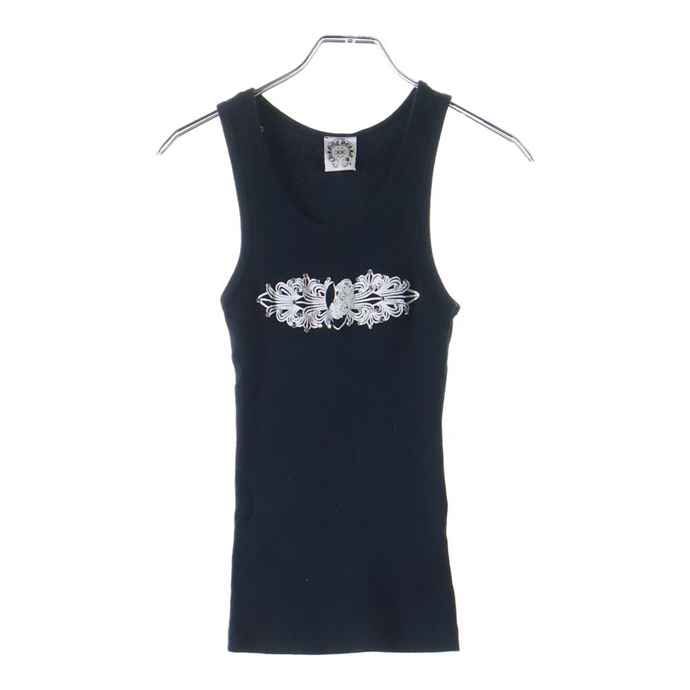 フローラルハート プリント ラインストーン リブ ノースリーブ タンクトップ カットソー ブラック レディース Bランク