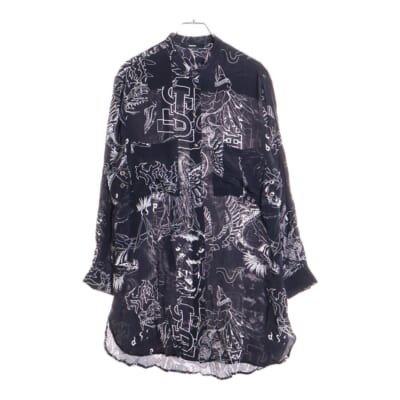 D-SUPER-E DRESS タトゥーデザイン 総柄 ダブル胸ポケット 長袖シャツ レディース ブラック 00SX3U Bランク