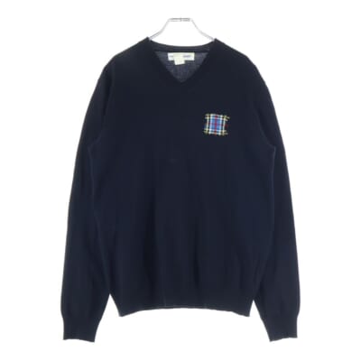 10AW ウール フロントチェックエンブロイダリー Vネック ニット セーター ブラック W18503 Bランク