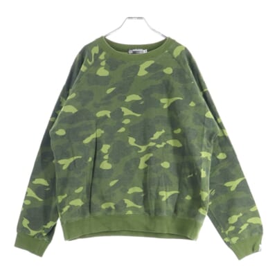 猿顔ロゴデザイン カモ柄 クルーネック リブスウェット グリーン Bランク