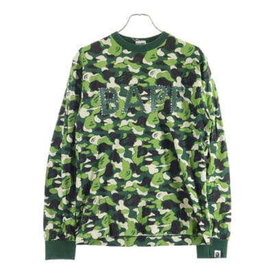 BAPE LOGO ABC CAMO SWAROVSKI ベイプロゴ スワロフスキー カモ柄 ロングスリーブ 長袖Tシャツ カットソー グリーン Bランク