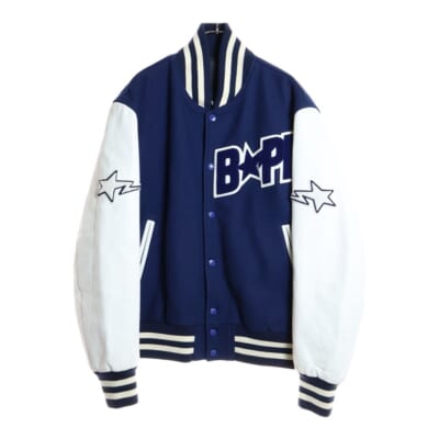 00S ウールナイロン パイル地パッチ レザーアーム スタジャン ジャケットブルゾン ネイビー/ホワイト Bランク