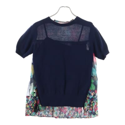 18SS フローラル柄デザイン レース切り替え クルーネック 半袖ニット セーター レディース ネイビー 18-03825 Bランク