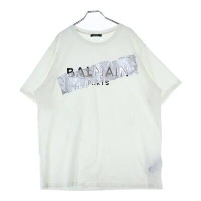 フロントシルバーテープ ロゴプリント クルーネック 半袖Tシャツ カットソー ホワイト EG010BB48 Cランク