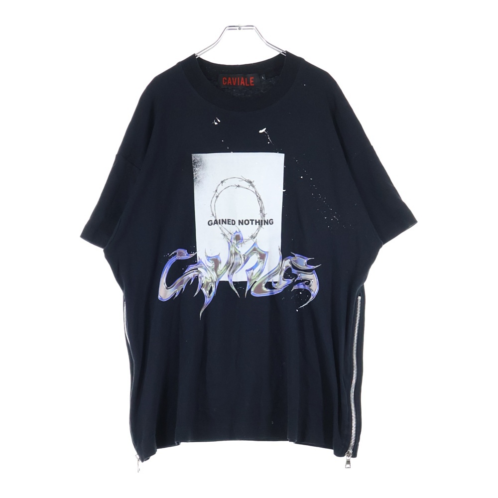 グラフィックプリント サイドジップデザイン クルーネック 半袖Tシャツ カットソー ブラック 20SS-001 Bランク
