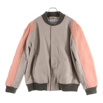 24AW BOMBER JACKET ウール アームレザー切替 ボンバージャケット ピンク FN-MN-OUTW001064 Bランク