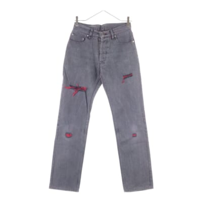 99AW ARCHIVE ロックアイドル期 ダメージ加工 ボタンフライ デニムパンツ グレー/レッド アーカイブ Bランク