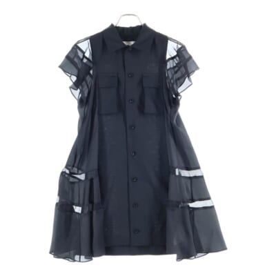 25SS SUITING SATIN DRESS スイッチング サテン マルチポケット 半袖ワンピース ドレス レディース ブラック 25-07807 Bランク