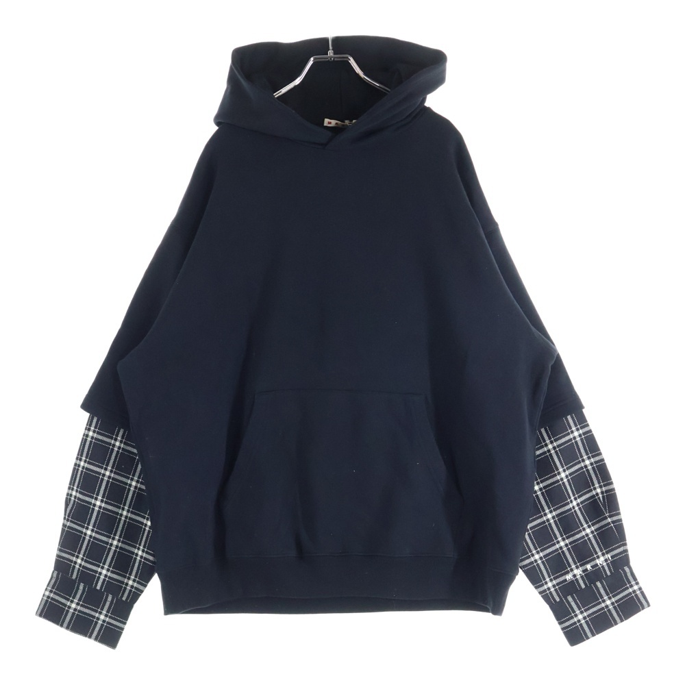 23AW CHECK SWEATSHIRT 袖チェック切替 プルオーバーパーカー フーディ ブラック FUMU0110Q5 Bランク