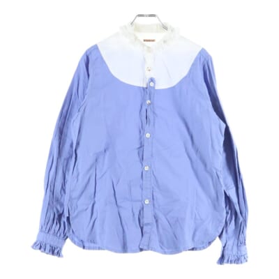 フリル ロングスリーブ コットンシャツ レディース ブルー/ホワイト Bランク