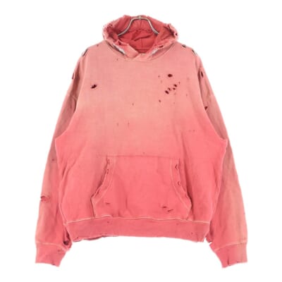 裏毛 スリラーダメージフードスウェット(スタッズ リメイク) パーカー レッド K241LC136 Aランク