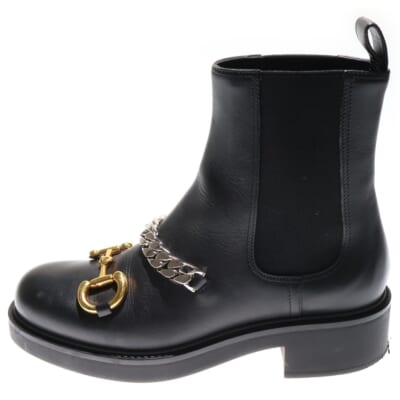 ホースビット チェーン装飾 レザー サイドゴア チェルシーブーツ ブラック 670393 Aランク