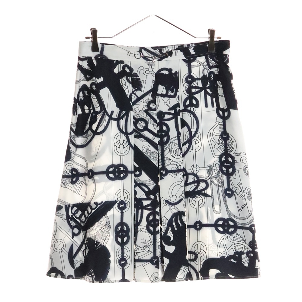 22SS ツイルレーヌ ホースビット シルク 総柄プリント プリーツ ミディアムスカート ホワイト/ブラック レディース 2E0305DW Aランク