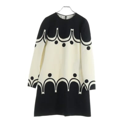 総柄プリント バイカラー シルク混 ウール クルーネック 長袖 ミディアム フレア ワンピース ドレス ブラック/ホワイト レディース RB0VALU14J9 Aランク