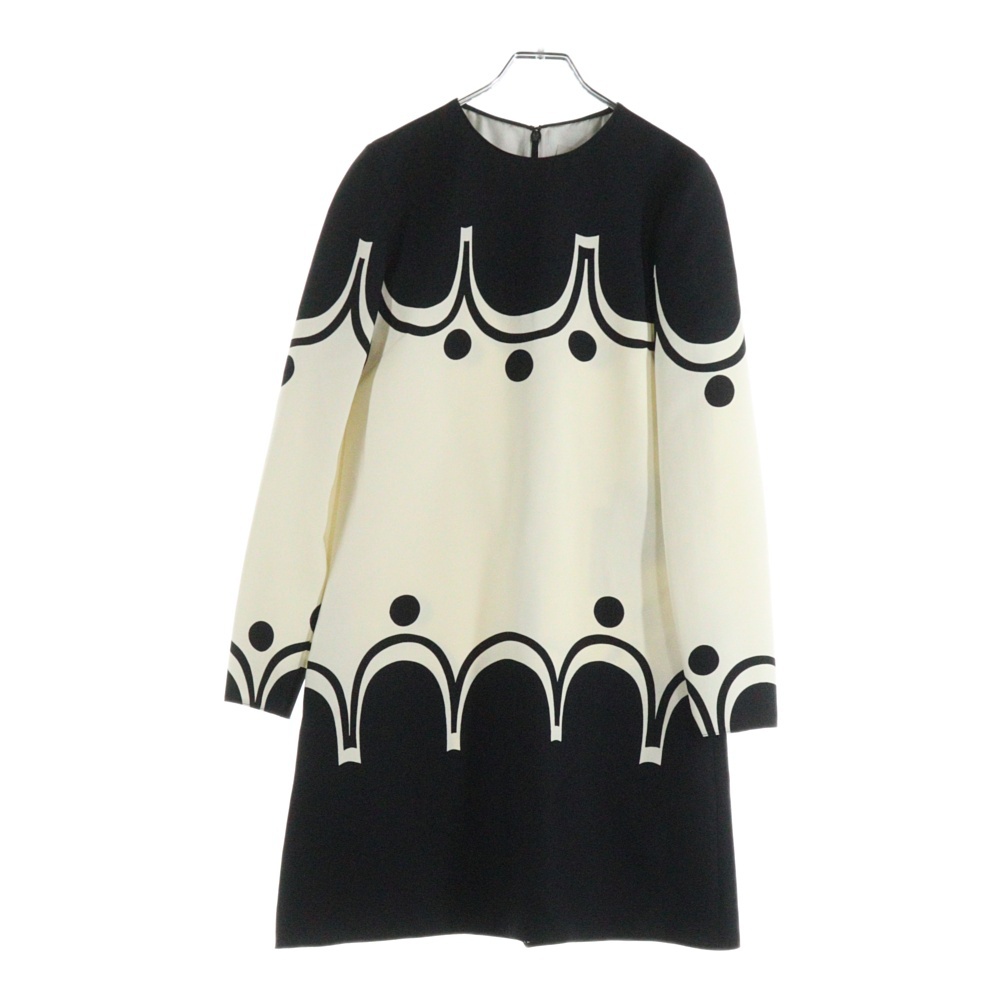 総柄プリント バイカラー シルク混 ウール クルーネック 長袖 ミディアム フレア ワンピース ドレス ブラック/ホワイト レディース RB0VALU14J9 Aランク