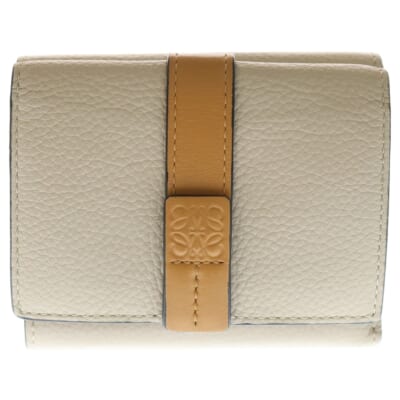 トライフォールド ウォレット コンパクトウォレット コインケース ベージュ×ブラウン レザー シルバー金具 Bランク