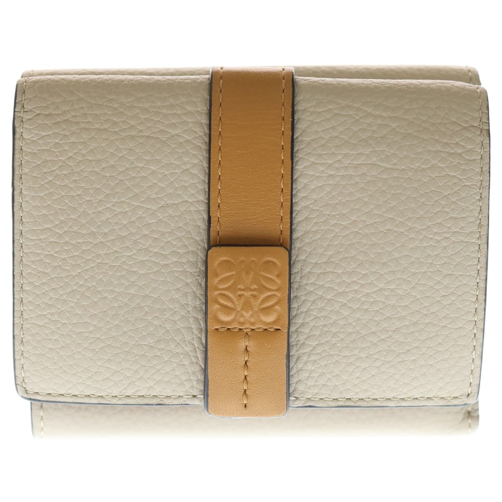 トライフォールド ウォレット コンパクトウォレット コインケース ベージュ×ブラウン レザー シルバー金具 Bランク