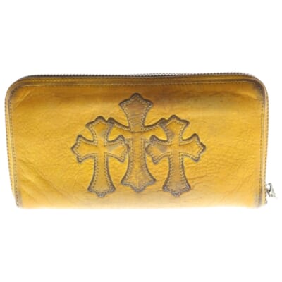 REC F ZIP GOLD セメタリークロスパッチ レザー ダガージップ ラウンドファスナー ロングウォレット 長財布 ロジウム加工 ゴールド/シルバー Bランク