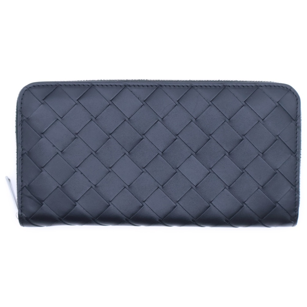 イントレチャート ラウンドジップ長財布 ロングウォレット カードケース ブラック×グリーン レザー シルバー金具 Aランク