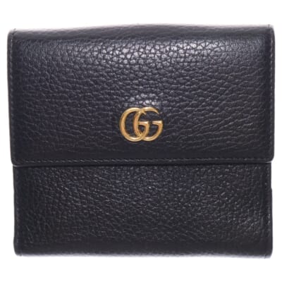 GGマーモント Wフラップ財布 コンパクトウォレット 三つ折り財布 ブラック レザー 456122 ゴールド金具 Aランク