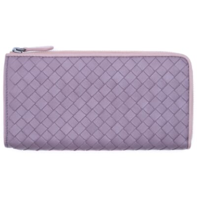 ボッテガヴェネタ イントレチャート ラウンドファスナー ロングウォレット カードケース 長財布 ライトパープル レザー ブラック金具 Aランク