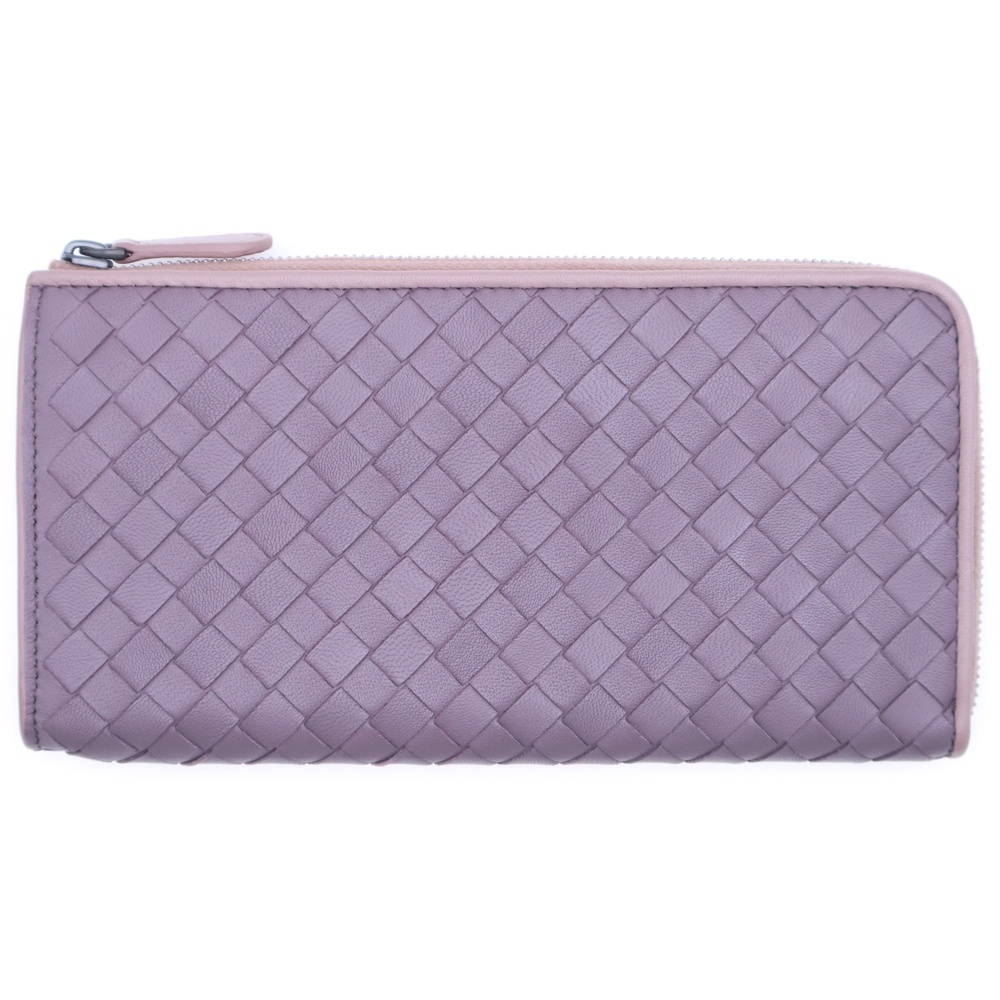 ボッテガヴェネタ イントレチャート ラウンドファスナー ロングウォレット カードケース 長財布 ライトパープル レザー ブラック金具 Aランク