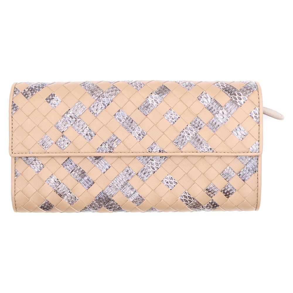 イントレチャート二つ折り長財布 ロングウォレット カードケース ベージュ レザー×パイソン Bランク