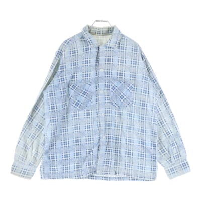 60-70s PRINT FLANNEL OPEN COLLAR CHECK SHIRT オープンカラー チェック プリント ネルシャツ ブルー Bランク