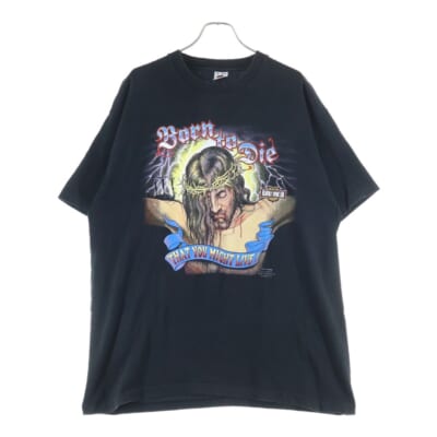 90s JESUS BORN TO DIE THAT YOU MIGHT LIVE ジーザス 両面プリント Tシャツ 半袖カットソー ブラック Bランク
