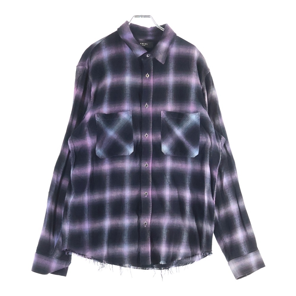 カットオフ ダメージ加工 レーヨン チェックフランネル 長袖シャツ パープル Bランク