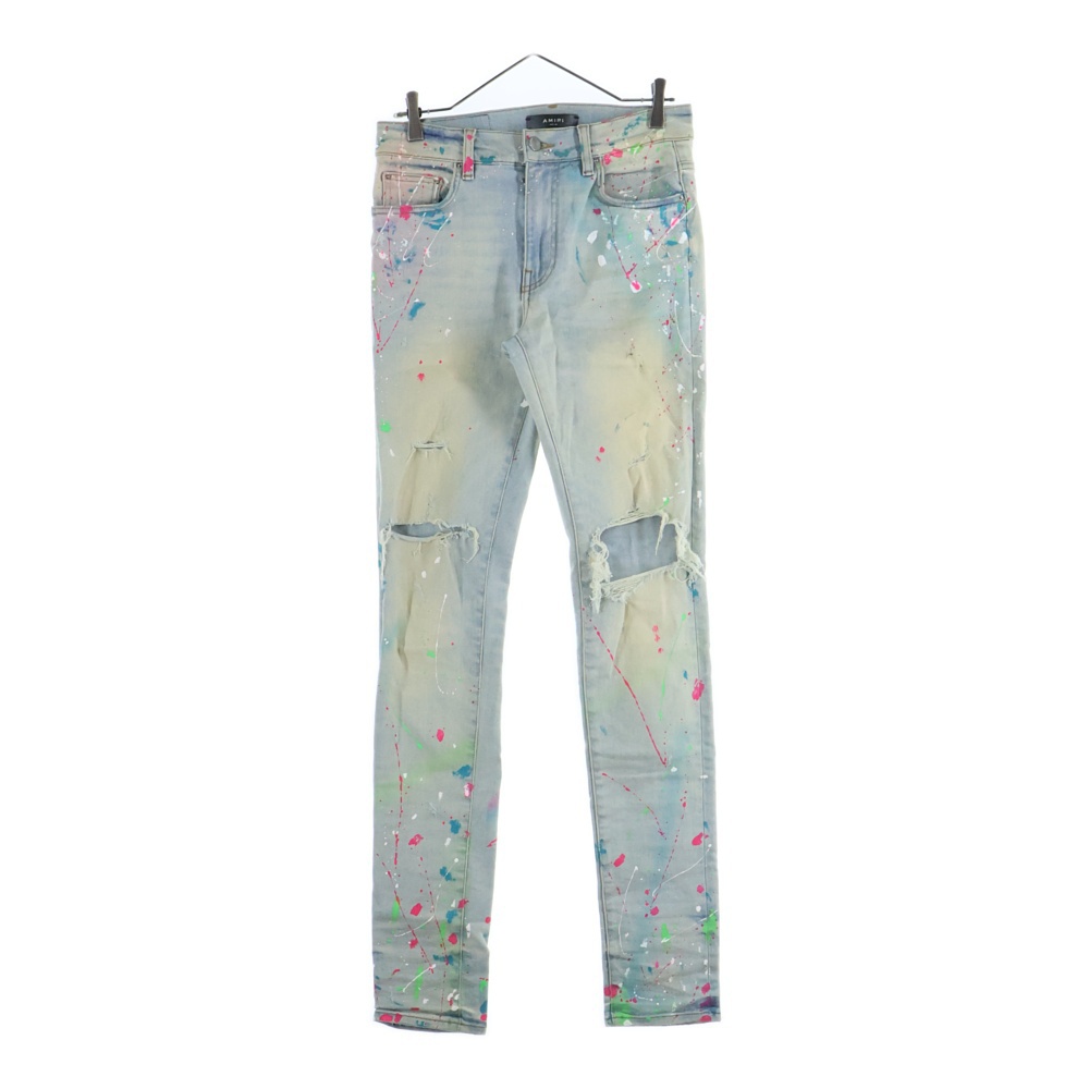 クラッシュ ペイント ペンキダメージ加工 スキニー デニム パンツ ブルー Bランク