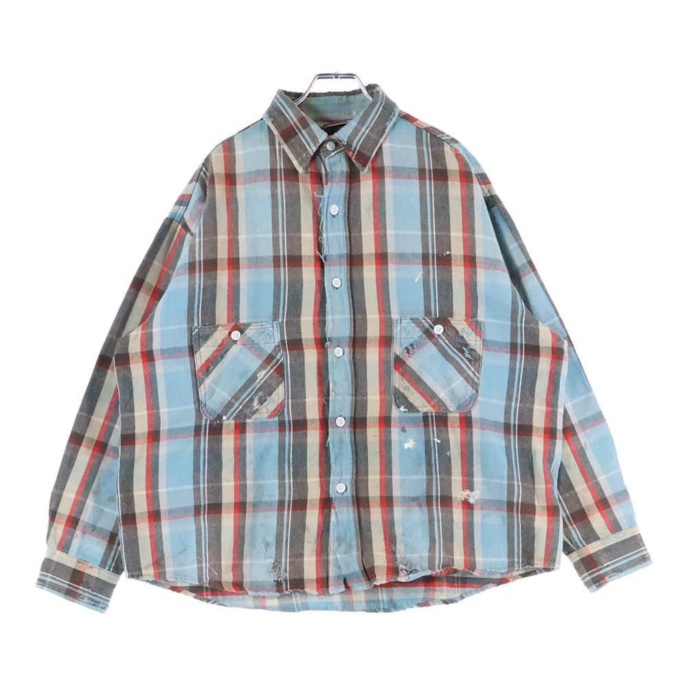25SS FLANNEL SHIRT CHECK BLUE SM-HR8-0000-040 チェック柄 ヴィンテージ加工 コットン フランネル長袖シャツ ブルー Aランク