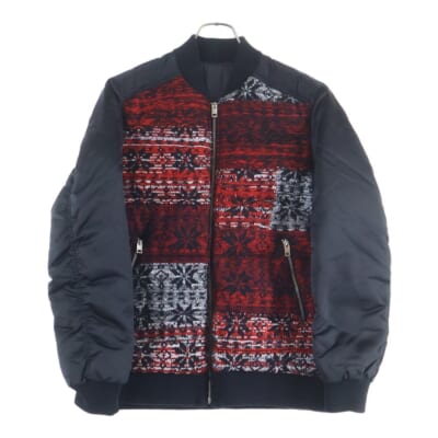 Nylon Wool Jacket ニット切替 MA-1 ダウン ブルゾン ノルディック柄 ブラック/レッド Bランク