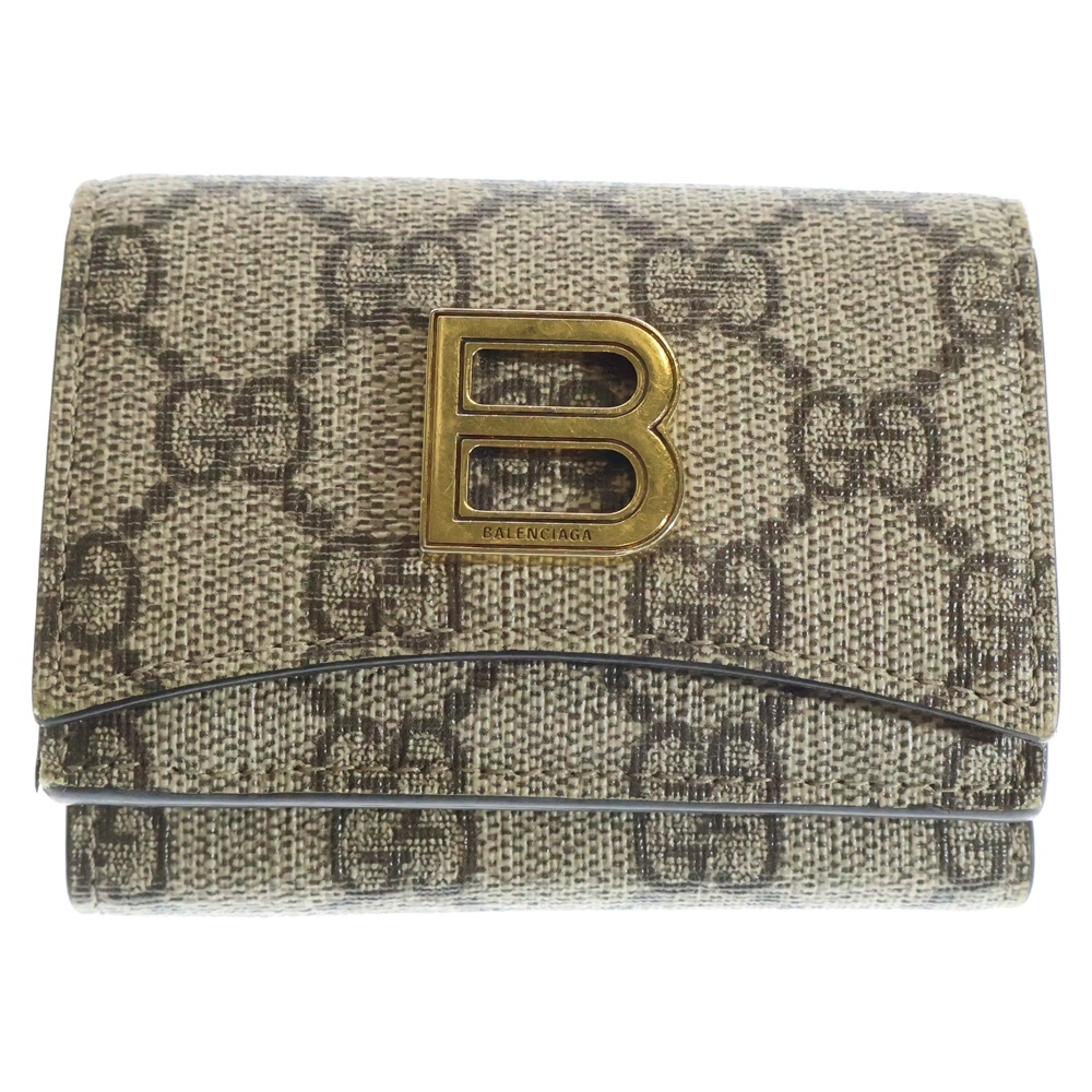 ×BALENCIAGA B金具 GG総柄 ハッカープロジェクト レザー ミニウォレット ベージュ 681700 562600 Aランク