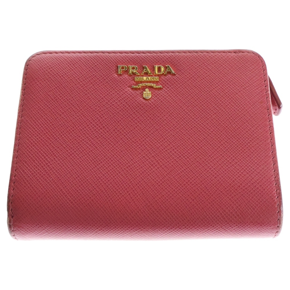 サフィアーノ ロゴプレート 二つ折り ジッパー付き レザー コンパクトウォレット ピンク Cランク