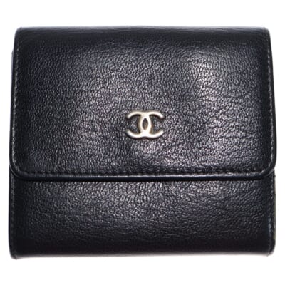 ココマーク 三つ折り財布 コンパクトウォレット コインケース ブラック レザー ゴールド金具 Bランク