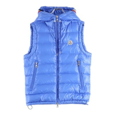18AW LANOUX ラヌー ワッペンロゴ トリコロールライン フーデッド ジップアップ ダウンベスト ライトブルー D20914333005 68950 Aランク