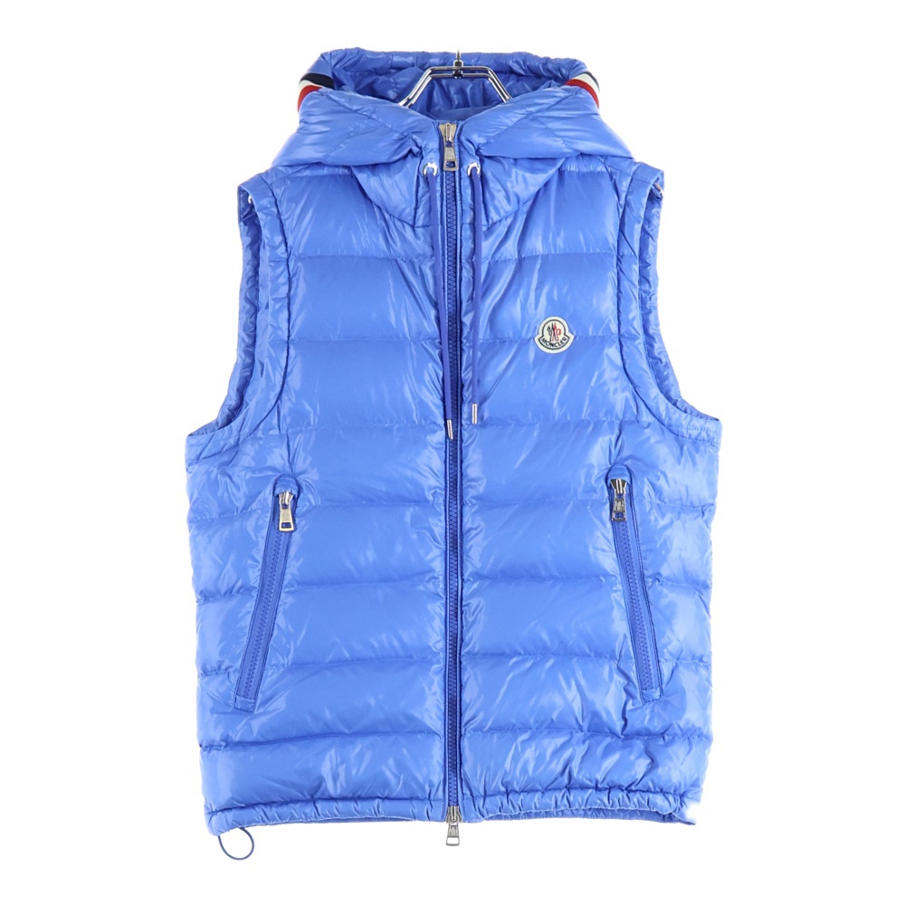 18AW LANOUX ラヌー ワッペンロゴ トリコロールライン フーデッド ジップアップ ダウンベスト ライトブルー D20914333005 68950 Aランク