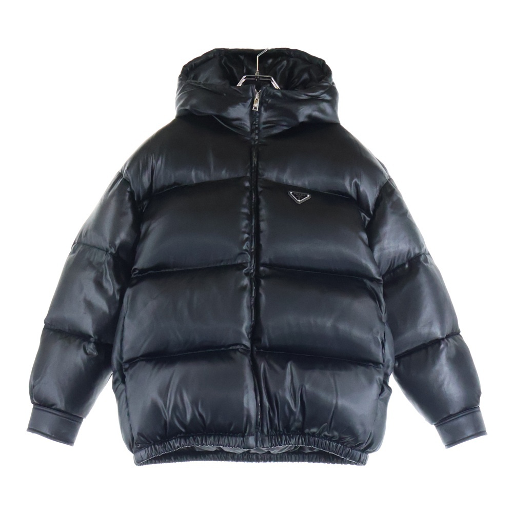 22AW トライアングルロゴプレート シルク混 アセテート フーデッド ジップアップ ダウンジャケット ブラック 29E053 Aランク