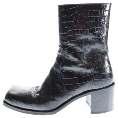 クロコダイル型押し レザー スクエアトゥショートブーツ レディース ブラック Bランク