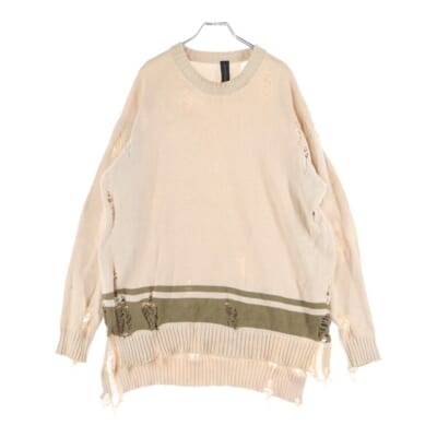 ダメージ加工 ボーダーデザイン オーバーサイズニットセーター アイボリー Bランク