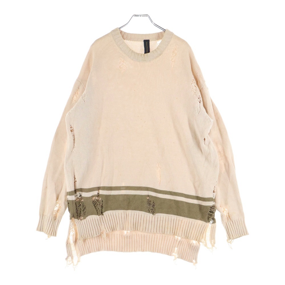 ダメージ加工 ボーダーデザイン オーバーサイズニットセーター アイボリー Bランク