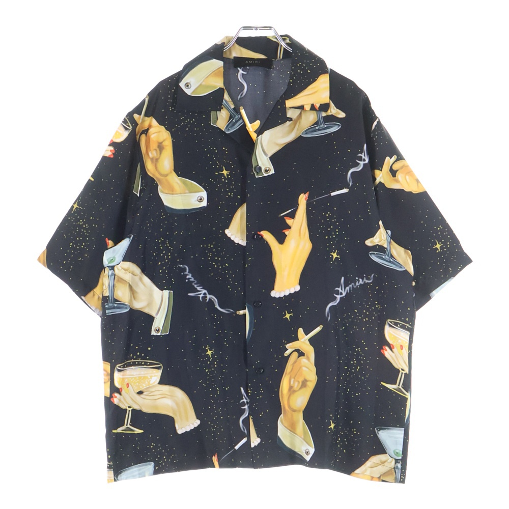 Champagne Silk Shirts グラフィックデザイン シャンパンデザイン シルク半袖シャツ ブラック Aランク