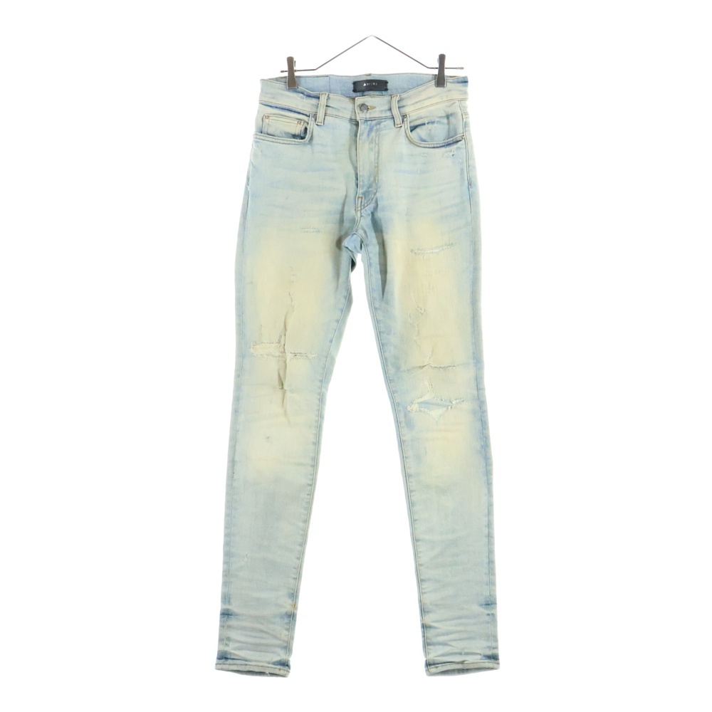 ロゴパッチ ダメージ加工 ストレッチスキニーデニムパンツ インディゴ Bランク