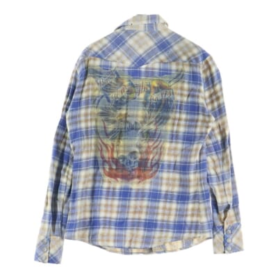 スナップボタン ダメージ加工チェック柄 ネルシャツ ブルー/ベージュ Bランク