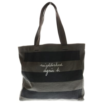 x agnes b. Border Tote Bag アニエスベー ボーダートートバッグ チャコール Bランク
